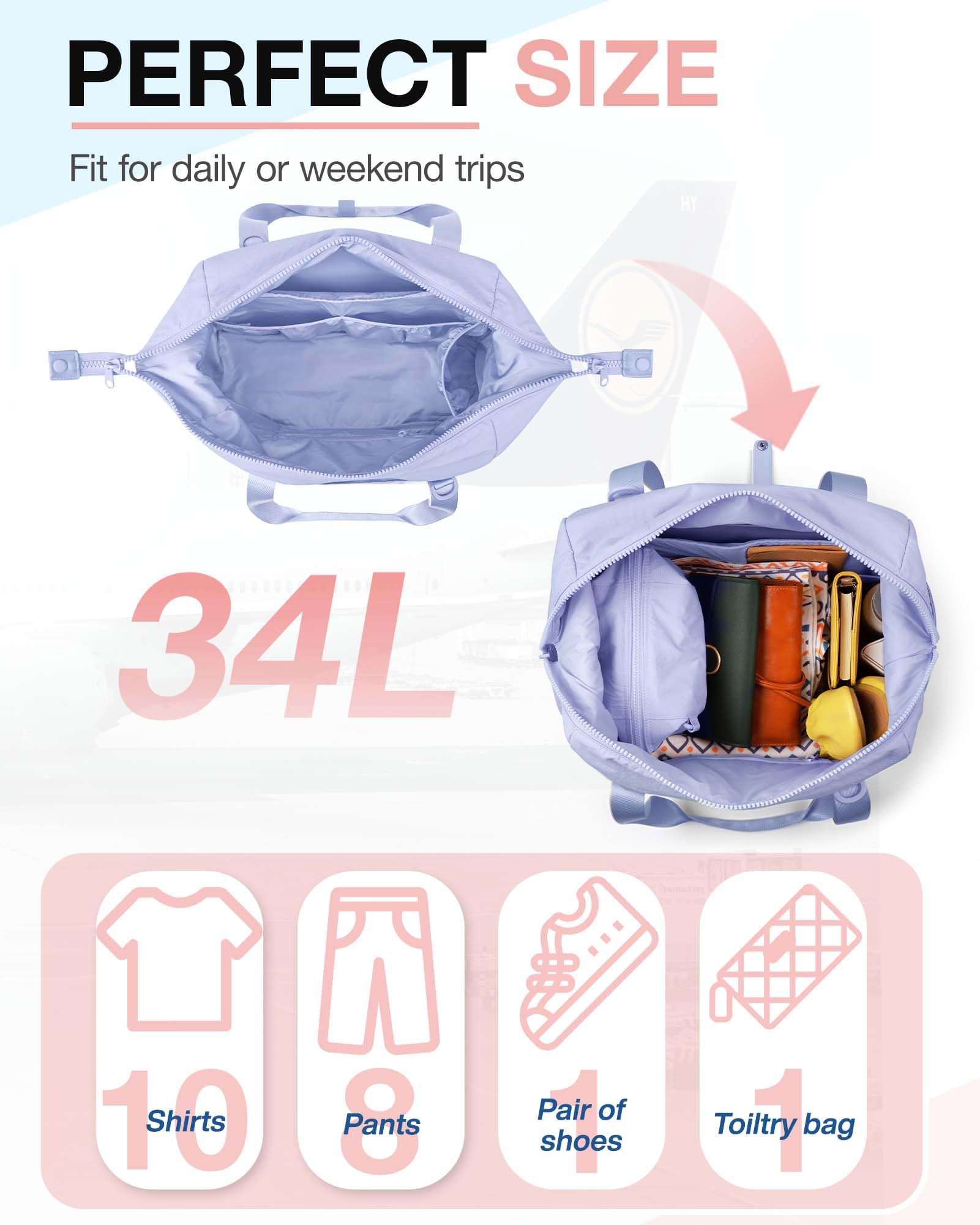 Miseleyio Gym Bag for Women, Carry on Weekender Overnight Bag, Travel Duffel Bags with Trolley Sleeve, Personal Item Travel Bag Tote Bag Workout Dance Bag, Purple-30L