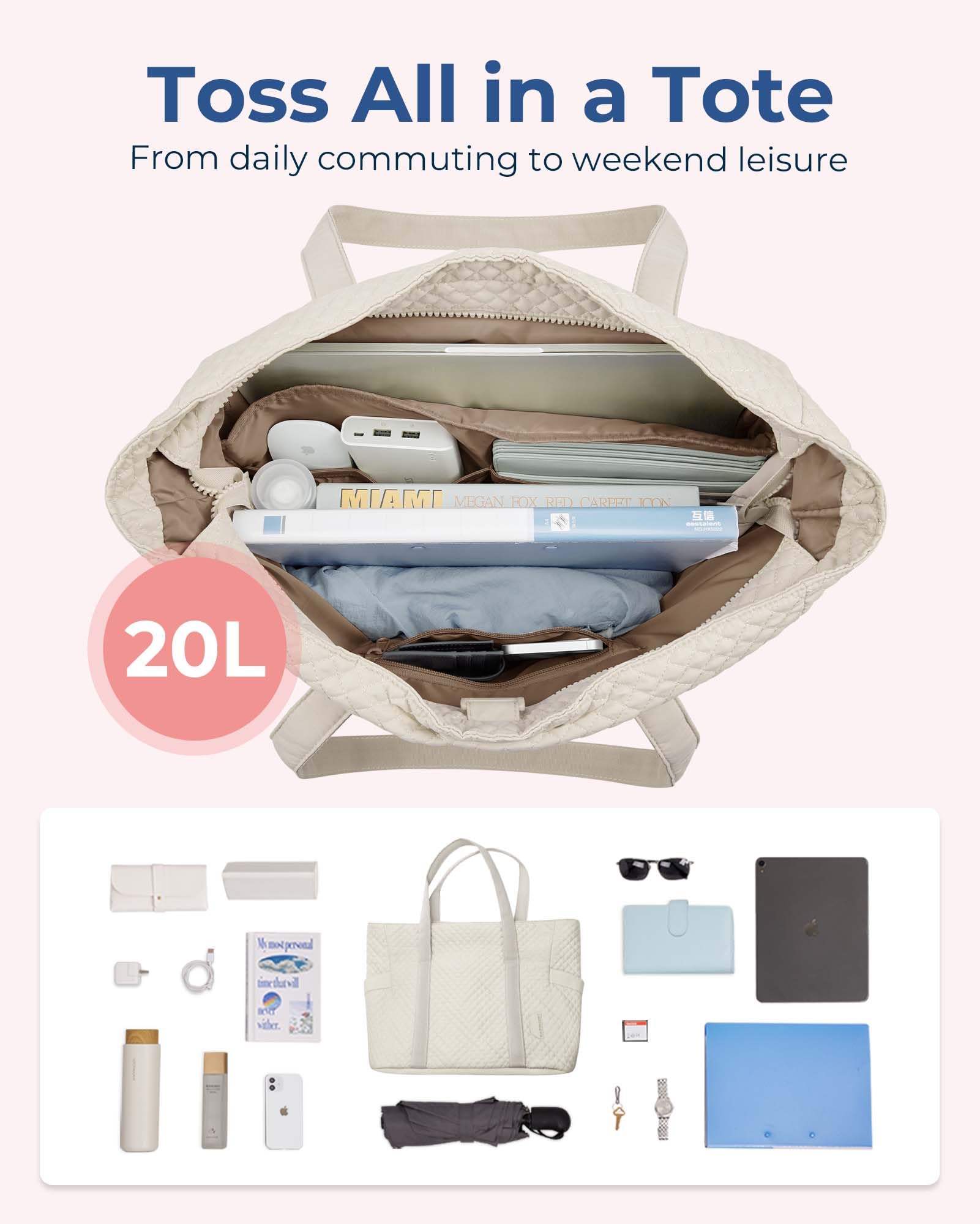 Miseleyio Large Tote Bag For Women, Travel Shoulder Bag Top Handle Handbag with Yoga Mat Buckle for Gym, Work, Travel