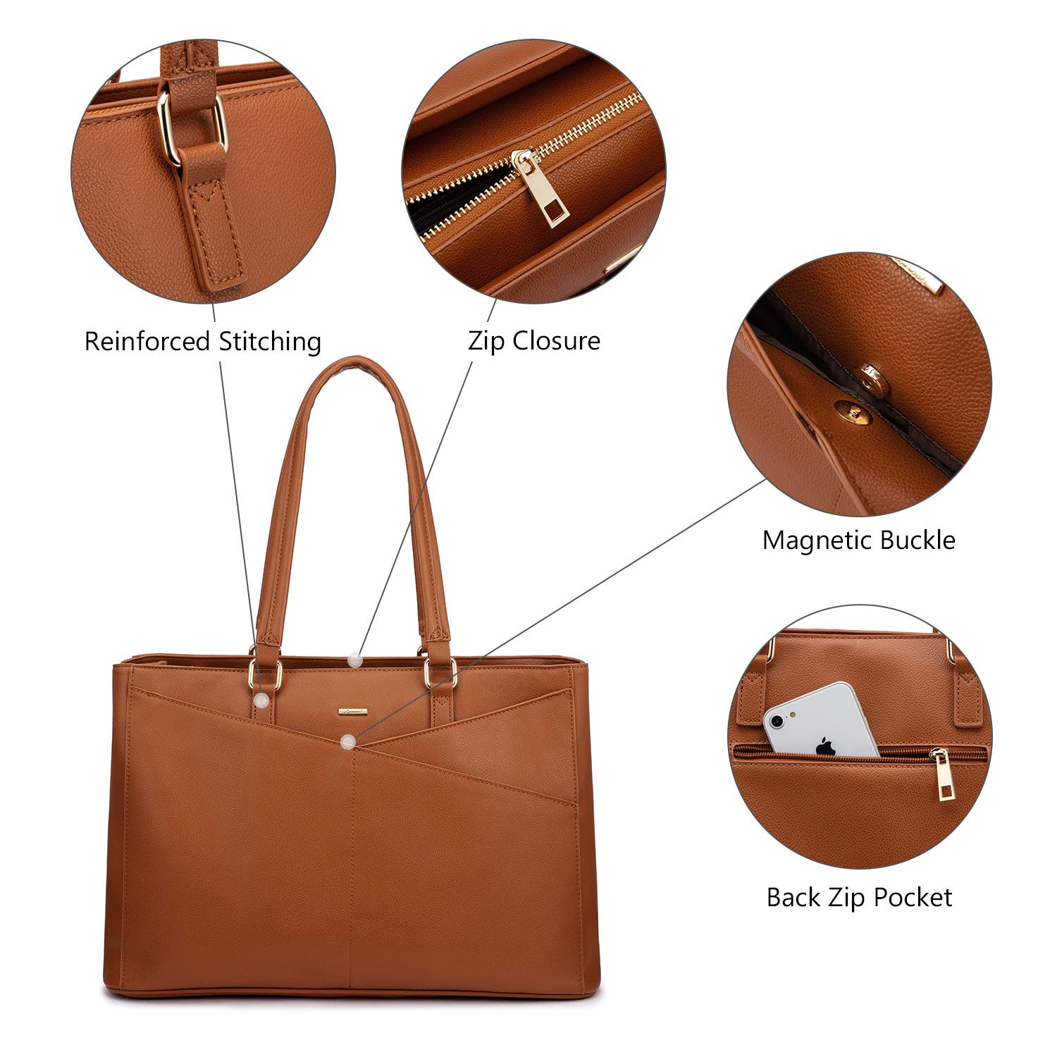 Miseleyio Laptop Tote Bag for Women 15.6 Inch Waterproof Leather Computer Bags Women Business Office Work Bag Briefcase Brown