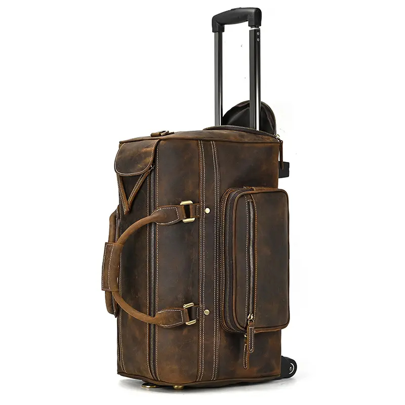 Miseleyio Genuine Leather Luggage Travel Wheel Duffle Bag Weekend Overnight Bag Rolling Suitcase Cow Leather Trolley Bag
