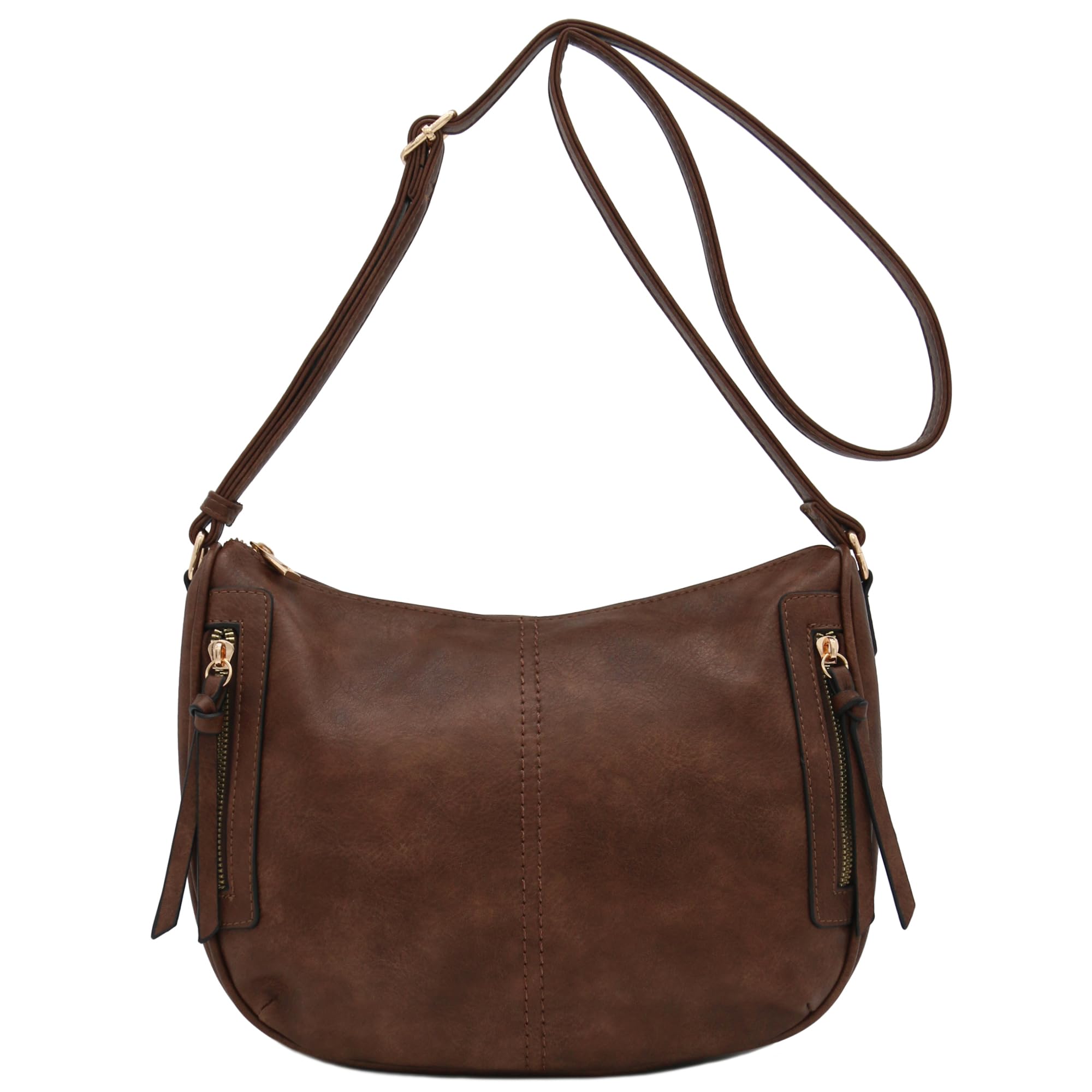 Faux Leather Two Front Zipper Pocket Crossbody Saddle Bag