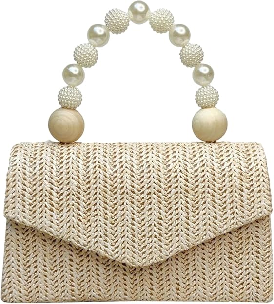 Straw Evening Handbag for Women Exquisite Pearl Beaded Top-Handle Purse Small Satchel Purse Woven Clutch Bag 2025